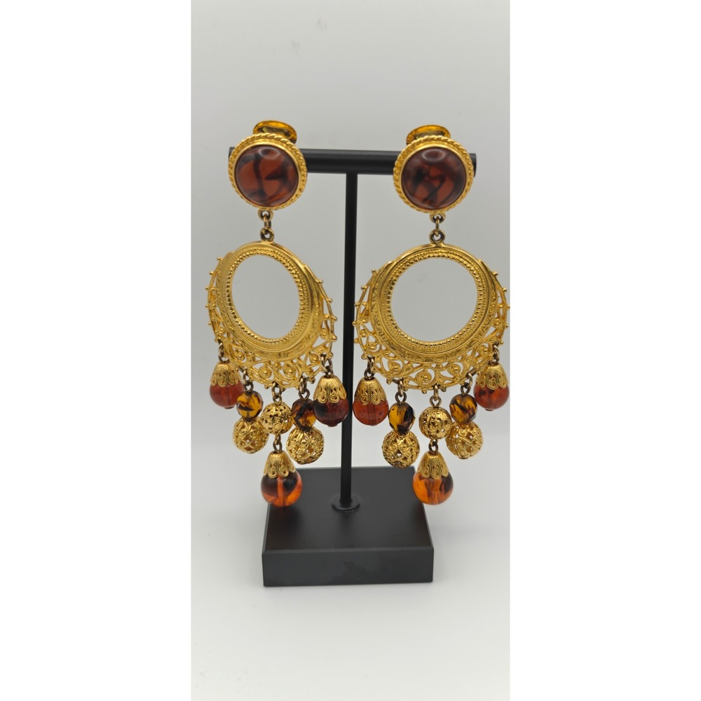 Ben-Amun Vintage 24k Gold Plated Amber Resin Chandelier Clip Ons Collectible